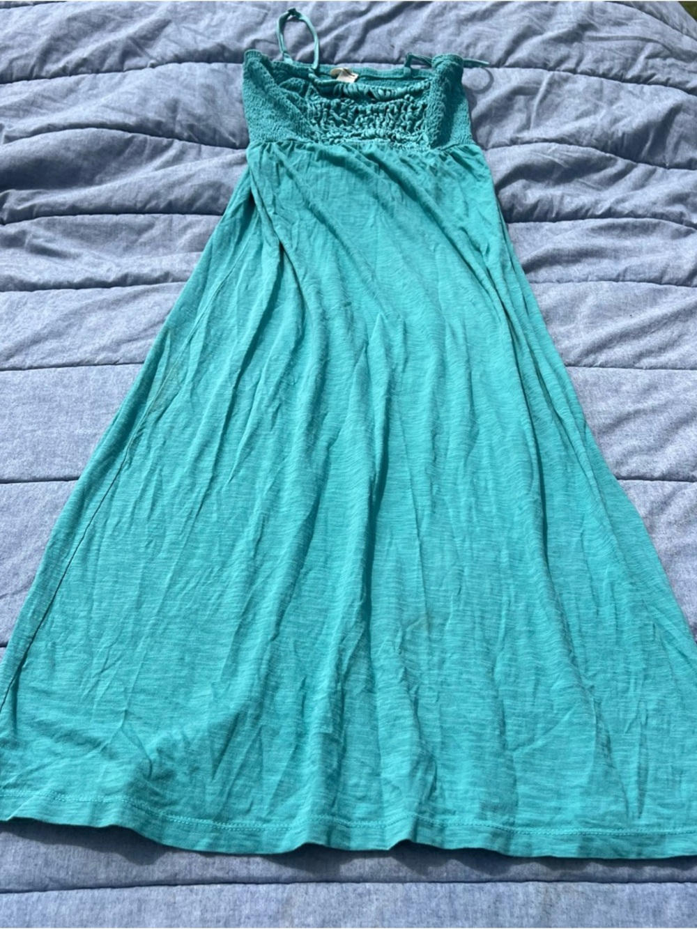 DKNY Teal Column Cotton Maxi Dress Spaghetti Straps Smocked Bodice Size Medium